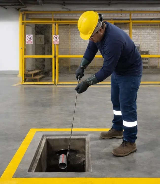 Técnico calificado operando varilla acerada en caja de registro sanitaria