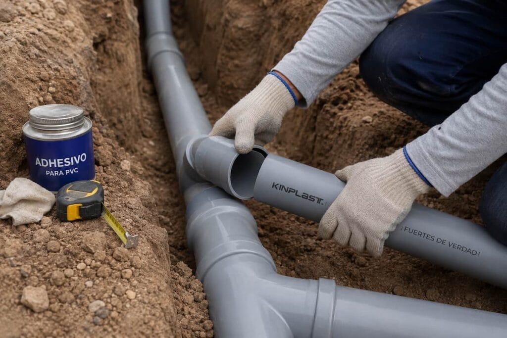 Técnico instalando y uniendo tuberías de desagüe PVC con adhesivo en zanja