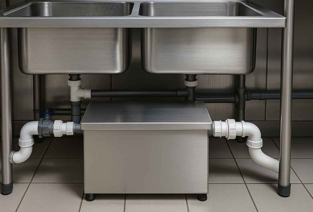 Instalación de trampa de grasa en acero inoxidable con tuberías en PVC bajo poza de cocina